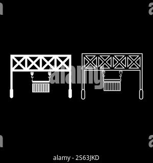 Port loader Railway crane with cargo container Lifting goods Logistic technology Terminal service icon outline set white color vector illustration flat style simple image. Port loader Railway crane with cargo container Lifting goods Logistic technology Terminal service icon outline set white color vector illustration flat style image Stock Vector