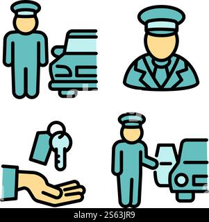 Valet icons set. Outline set of valet vector icons for web design isolated on white background. Valet icons set, outline style Stock Vector