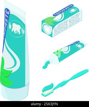 Toothpaste icons set. Isometric set of toothpaste vector icons for web design isolated on white background. Toothpaste icons set, isometric style Stock Vector