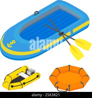Inflatable boat icons set. Isometric set of inflatable boat vector icons for web design isolated on white background. Inflatable boat icons set, isometric style Stock Vector