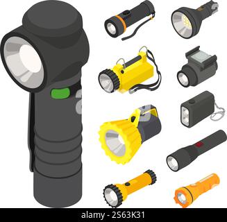 Flashlight icons set. Isometric set of flashlight vector icons for web design isolated on white background. Flashlight icons set, isometric style Stock Vector