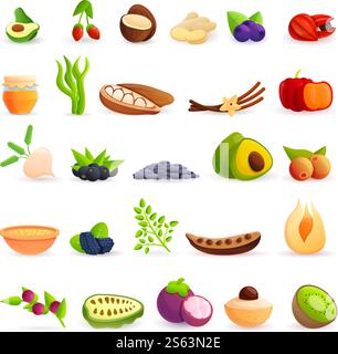 Superfood icons set. Cartoon set of superfood vector icons for web design. Superfood icons set, cartoon style Stock Vector