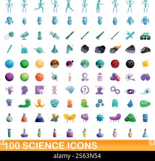 100 science icons set. Cartoon illustration of 100 science icons vector set isolated on white background. 100 science icons set, cartoon style Stock Vector