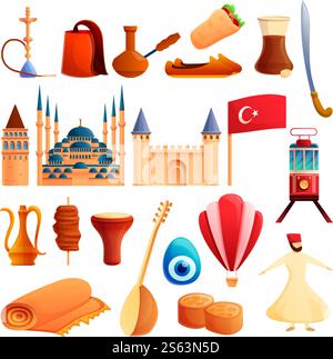Turkey country icons set. Cartoon set of turkey country vector icons for web design. Turkey country icons set, cartoon style Stock Vector