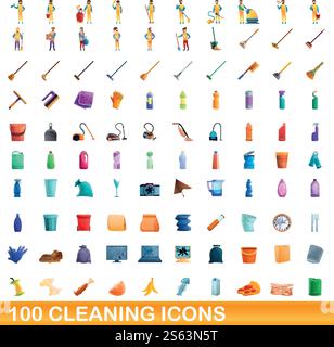 100 cleaning icons set. Cartoon illustration of 100 cleaning icons vector set isolated on white background. 100 cleaning icons set, cartoon style Stock Vector