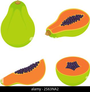 Papaya icons set. Isometric set of papaya vector icons for web design isolated on white background. Papaya icons set, isometric style Stock Vector
