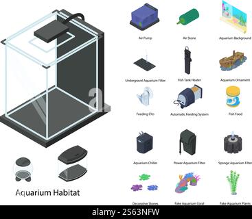 Aquarium icons set. Isometric set of aquarium vector icons for web design isolated on white background. Aquarium icons set, isometric style Stock Vector