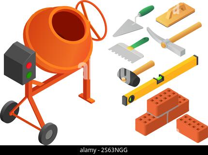 Masonry worker icons set. Isometric set of masonry worker vector icons for web design isolated on white background. Masonry worker icons set, isometric style Stock Vector