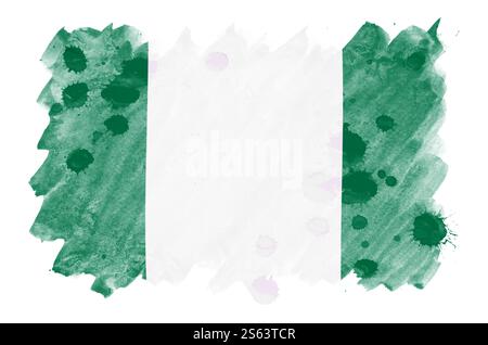 Nigeria flag  is depicted in liquid watercolor style isolated on white background. Careless paint shading with image of national flag. Independence Da Stock Photo