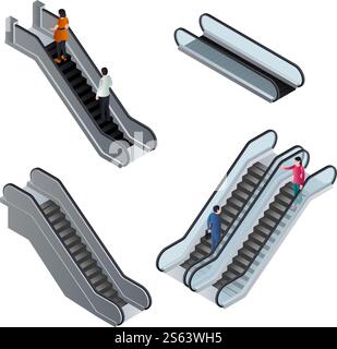 Escalator icons set. Isometric set of escalator vector icons for web design isolated on white background. Escalator icons set, isometric style Stock Vector