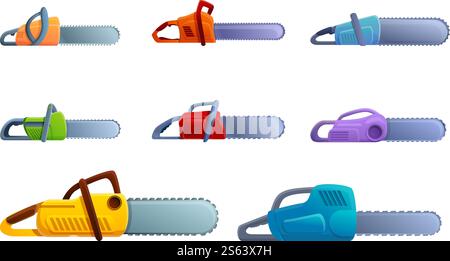 Chainsaw icons set. Cartoon set of chainsaw vector icons for web design. Chainsaw icons set, cartoon style Stock Vector