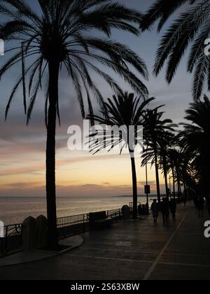 Silhouettes of Plamen in the sunset of Marbella Spain Stock Photo