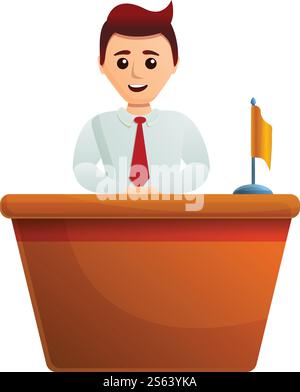 Bank worker on desktop icon. Cartoon of bank worker on desktop vector icon for web design isolated on white background. Bank worker on desktop icon, cartoon style Stock Vector