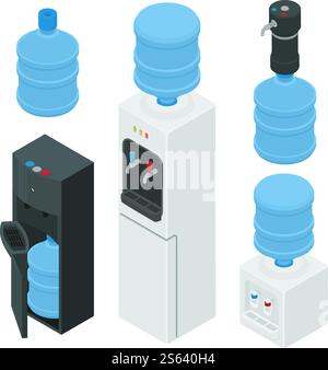 Cooler water icons set. Isometric set of cooler water vector icons for web design isolated on white background. Cooler water icons set, isometric style Stock Vector