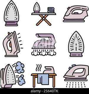 Smoothing-iron icons set. Outline set of smoothing-iron vector icons for web design isolated on white background. Smoothing-iron icons set, outline style Stock Vector