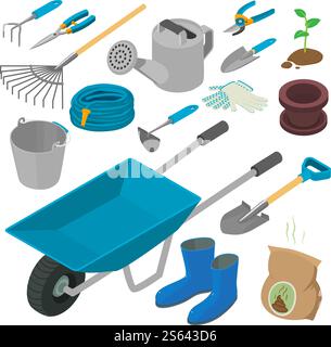 Gardening tools icons set. Isometric set of gardening tools vector icons for web design isolated on white background. Gardening tools icons set, isometric style Stock Vector