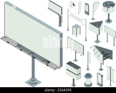 Outdoor advertising icons set. Isometric set of outdoor advertising vector icons for web design isolated on white background. Outdoor advertising icons set, isometric style Stock Vector