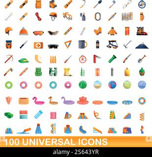 100 universal icons set. Cartoon illustration of 100 universal icons vector set isolated on white background. 100 universal icons set, cartoon style Stock Vector