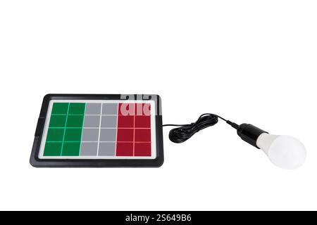 Portable solar panel in the shape of the flag of Italy connected to a light bulb isolated on white background (close-up) Stock Photo