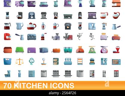 70 kitchen icons set. Cartoon illustration of 70 kitchen icons vector set isolated on white background. 70 kitchen icons set, cartoon style Stock Vector