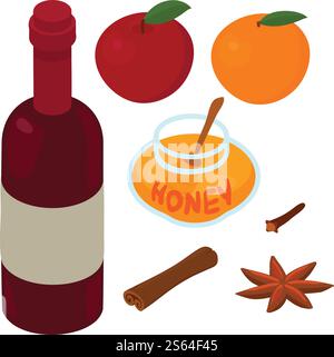 Mulled wine ingredients icon. Isometric of mulled wine ingredients vector icon for web design isolated on white background. Mulled wine ingredients icon, isometric style Stock Vector