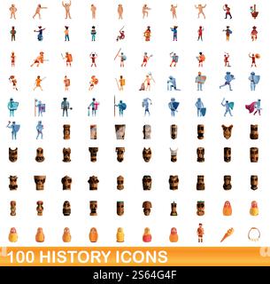 100 history icons set. Cartoon illustration of 100 history icons vector set isolated on white background. 100 history icons set, cartoon style Stock Vector