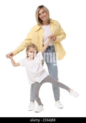 Happy mother and her cute little daughter on white background Stock Photo