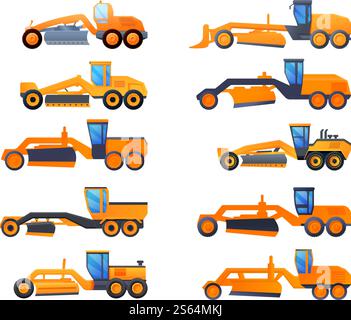 Grader machine icons set. Cartoon set of grader machine vector icons for web design. Grader machine icons set, cartoon style Stock Vector