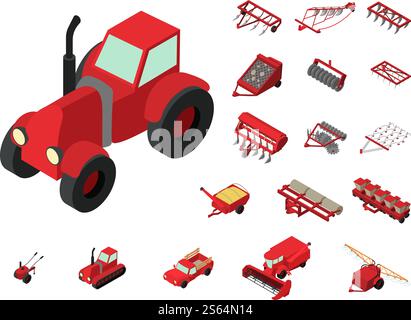 Agricultural machines icons set. Isometric set of agricultural machines vector icons for web design isolated on white background. Agricultural machines icons set, isometric style Stock Vector