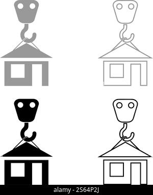 Crane hook lifts home Holds roof house icon outline set black grey color vector illustration flat style simple image. Crane hook lifts home Holds roof house icon outline set black grey color vector illustration flat style image Stock Vector