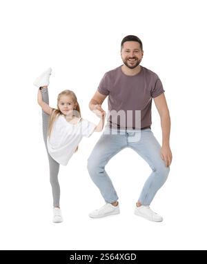 Happy father and his cute little daughter having fun on white background Stock Photo