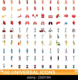 100 universal icons set. Cartoon illustration of 100 universal icons vector set isolated on white background. 100 universal icons set, cartoon style Stock Vector