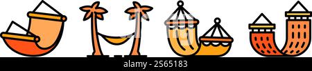 Hammock icons set. Outline set of hammock vector icons for web design isolated on white background. Hammock icons set, outline style Stock Vector