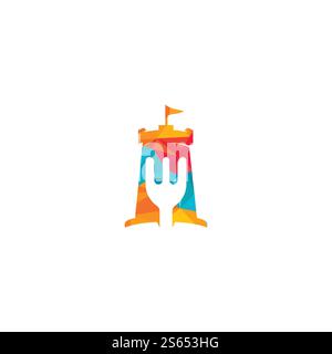Fort and food sign combination logo concept. Restaurant and cafe logo concept design template. Stock Vector