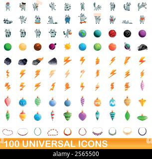 100 universal icons set. Cartoon illustration of 100 universal icons vector set isolated on white background. 100 universal icons set, cartoon style Stock Vector