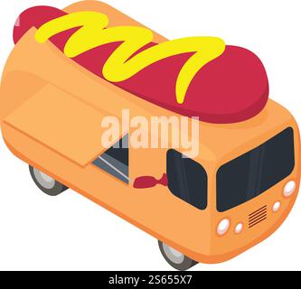 Hot dog truck icon. Isometric of hot dog truck vector icon for web design isolated on white background. Hot dog truck icon, isometric style Stock Vector
