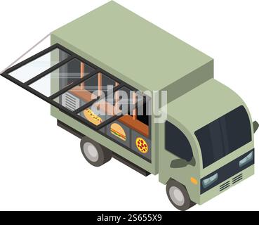 Fast food truck icon. Isometric of fast food truck vector icon for web design isolated on white background. Fast food truck icon, isometric style Stock Vector