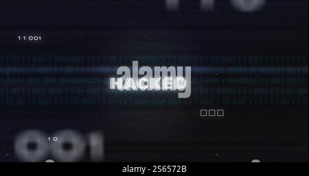 Image of binary coding data processing over hacked text Stock Photo