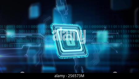 Image of padlock icon, binary coding data processing over circuit board Stock Photo
