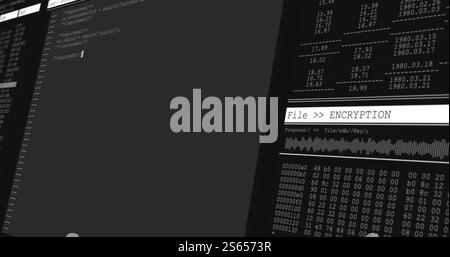 File encryption progress image over computer code and binary data Stock Photo