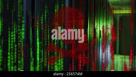 Image of skull and bones, binary coding and data processing over computer servers Stock Photo