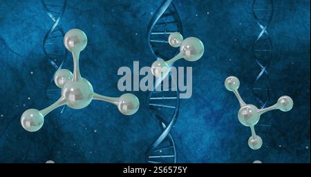 Image of floating molecules over dna strands Stock Photo