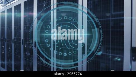 Image of cyber security text and biometric fingerprint scanner over server room Stock Photo