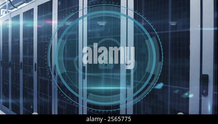 Image of cyber security text and scanner with cloud with padlock icon over server room Stock Photo