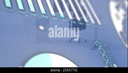 Image of globe and charts processing data over blue office Stock Photo