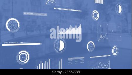 Image of charts processing data over blue cityscape Stock Photo