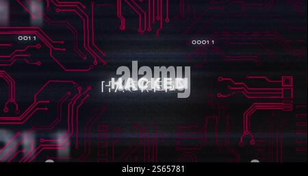 Hacked text image over circuit board design with binary code Stock Photo