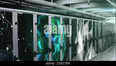 Image of cyber security text, circular scanner with padlock icon and network over server room Stock Photo