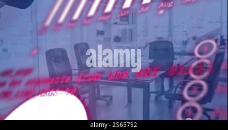 Image of red charts processing data over blue office meeting room Stock Photo