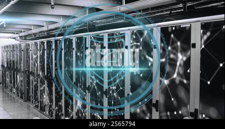 Image of cyber security text and scanner with key icon processing over ...
